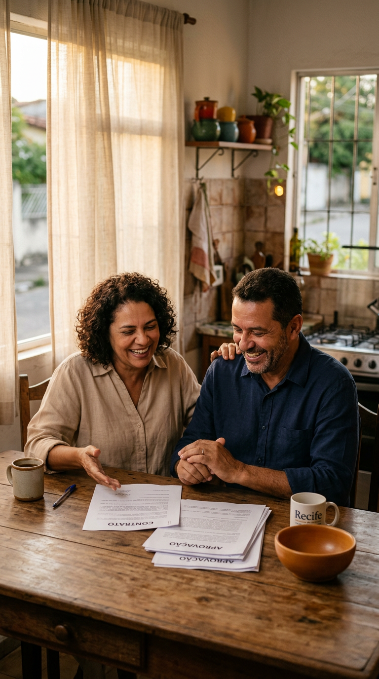 Casal sorridente revisando documentos em casa